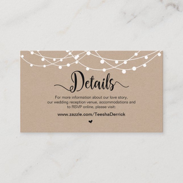 Rustic Farm String Lights, Wedding Details Enclosure Card (Front)