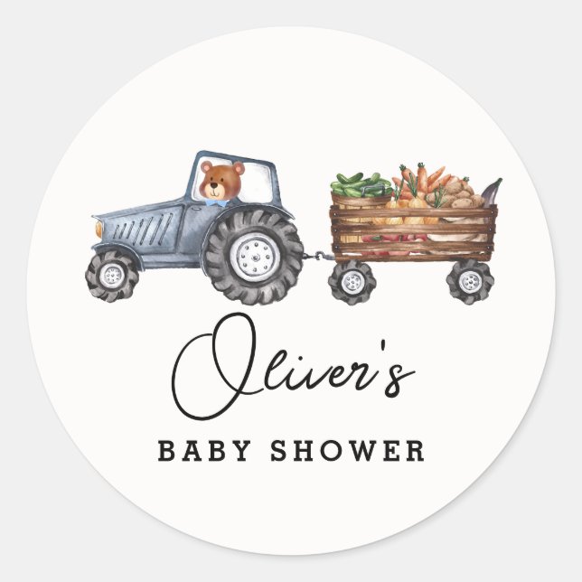 Rustic Farm Tractor Teddy Bear Baby Shower  Classic Round Sticker (Front)