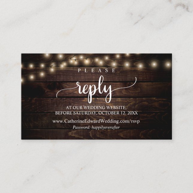 Rustic Farm Wood, String Lights, Online RSVP Enclo Enclosure Card (Front)