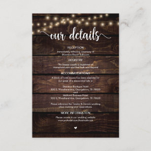 Rustic Farm Wood, String Lights, Wedding Details Enclosure Card