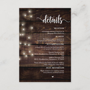 Rustic Farm Wood, String Lights, Wedding Details Enclosure Card
