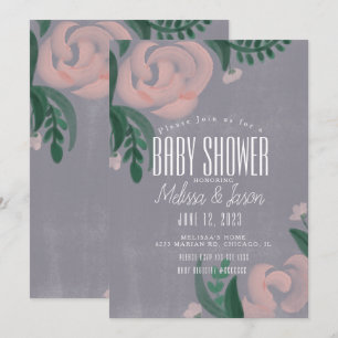 Rustic Farmhouse Baby Shower Pink Rose Floral Grey Invitation