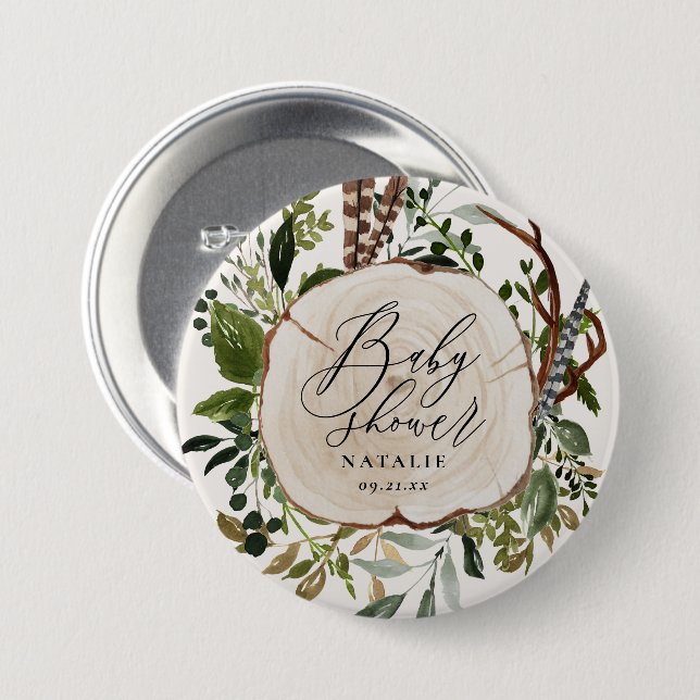 Rustic farmhouse barn botanical baby shower 3 inch round button (Front & Back)