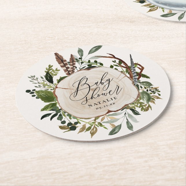 Rustic farmhouse barn botanical baby shower chic round paper coaster (Angled)