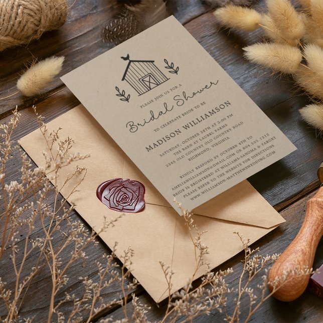 Rustic Farmhouse Barn Script QR code Bridal Shower Invitation (Creator Uploaded)