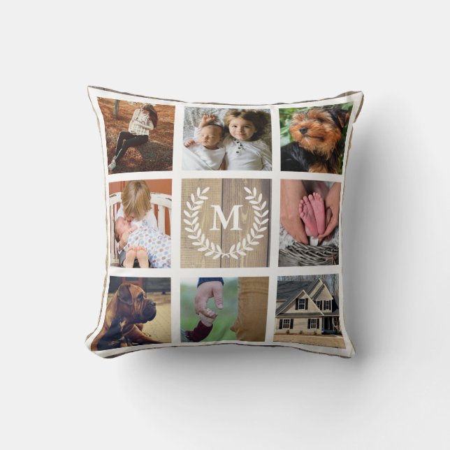 Rustic Farmhouse Barn Wood Laurels Family Photo Throw Pillow (Front)