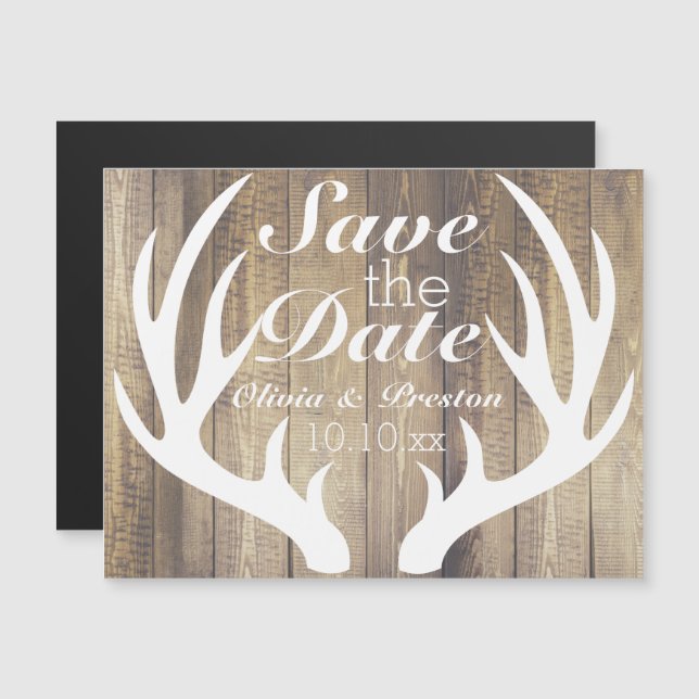 Rustic Farmhouse Barn Wood White Deer Antlers Magnetic Invitation (Front/Back)
