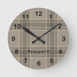Rustic Farmhouse Beige Grey Plaid Tartan Round Clock