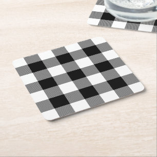 Rustic Farmhouse Black White Buffalo Check Plaid Square Paper Coaster