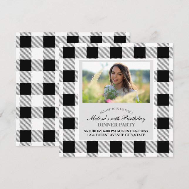 rustic farmhouse black white buffalo plaid party invitation (Front/Back)