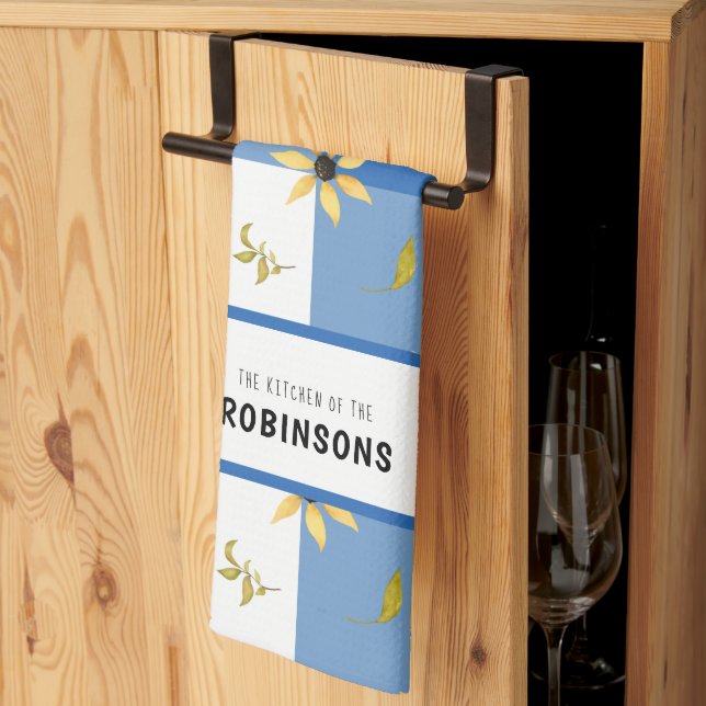 Rustic farmhouse blue gingham floral monogrammed kitchen towel (Thirds Fold)