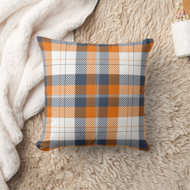 Rustic Farmhouse Blue Orange Plaid Autumn Fall  Throw Pillow (Blanket)