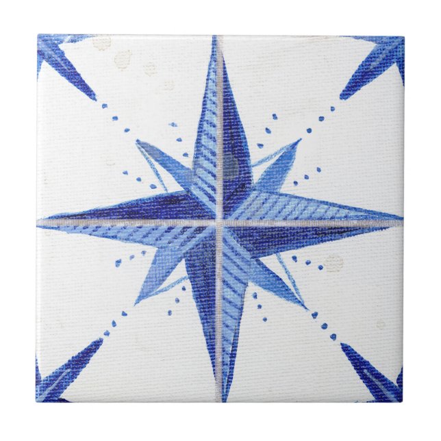 Rustic Farmhouse Blue White Star Chic Pattern Tile (Front)