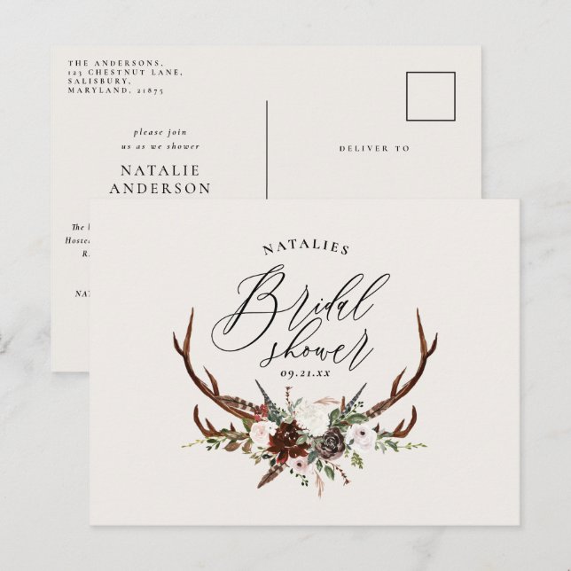 Rustic farmhouse botanical script bridal shower announcement postcard (Front/Back)