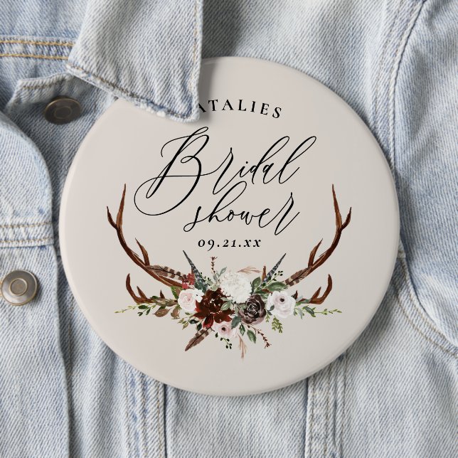 Rustic farmhouse botanical script bridal shower bu 6 inch round button (In Situ)