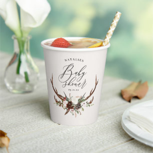 Rustic farmhouse botanical script stag baby shower paper cups