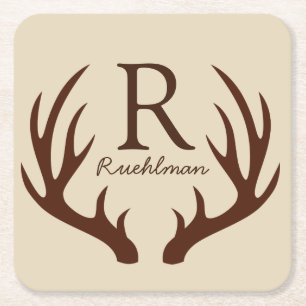 Rustic Farmhouse Brown Deer Antlers Family Name Square Paper Coaster