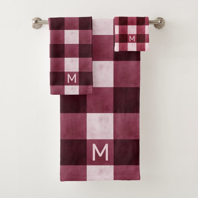 Rustic Farmhouse Burgundy Buffalo Check & monogram Bath Towel Set (Insitu)