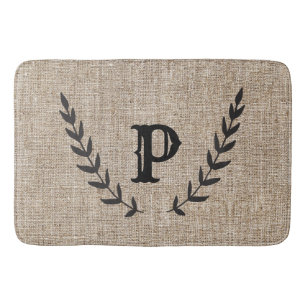 Rustic Farmhouse Burlap & Black Botanical Laurel Bath Mat