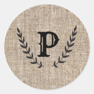 Rustic Farmhouse Burlap & Black Botanical Laurel Classic Round Sticker