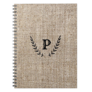 Rustic Farmhouse Burlap & Black Botanical Laurel Notebook