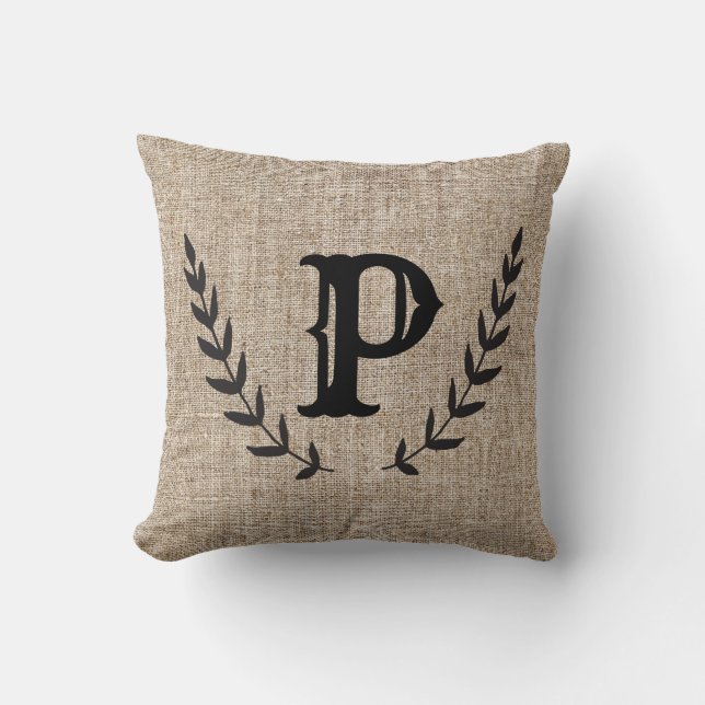 Rustic Farmhouse Burlap & Black Botanical Laurel Throw Pillow (Front)