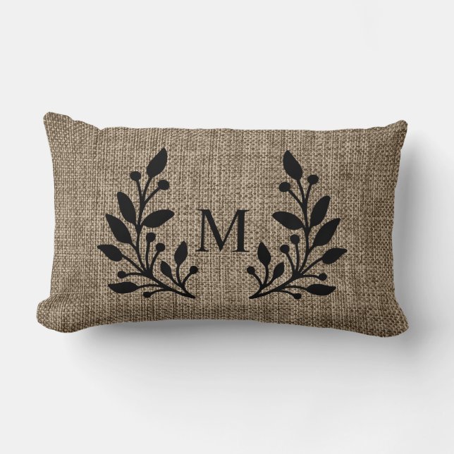 Rustic Farmhouse Burlap Laurels Monogram  Lumbar Pillow (Front)