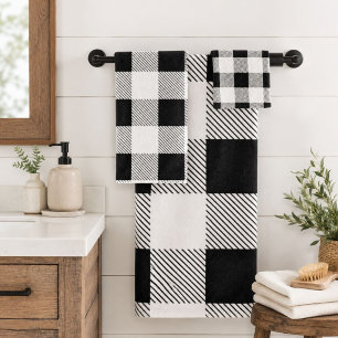 rustic farmhouse chic black and white plaid bath towel set