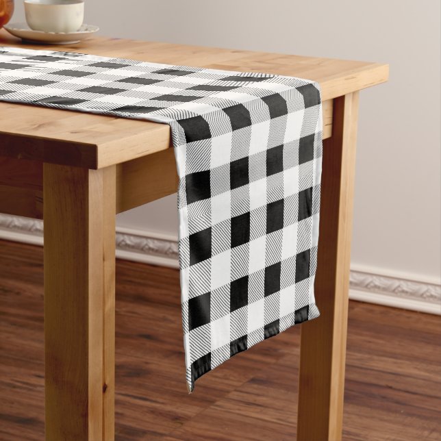 rustic farmhouse chic black and white plaid medium table runner (In Situ)