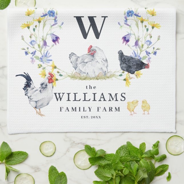 Rustic Farmhouse Chicken | Family Name Monogram  Kitchen Towel (Folded)
