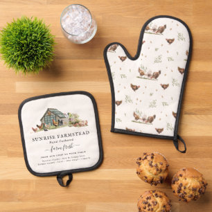 Rustic Farmhouse Chicken   Family Name Monogram Oven Mitt & Pot Holder Set