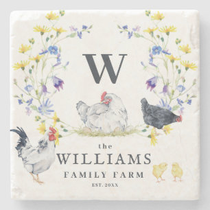Rustic Farmhouse Chicken   Family Name Monogram Stone Coaster
