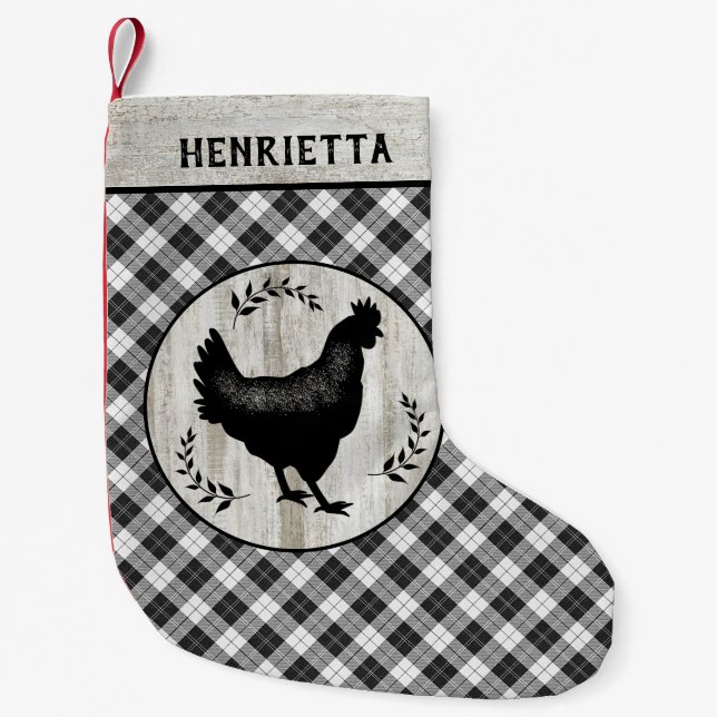 Rustic Farmhouse Chicken Hen Checker Plaid Name Small Christmas Stocking (Front)