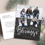 Rustic farmhouse Christmas blessings 3 photos Holi Holiday Postcard<br><div class="desc">Family seasonal holiday greetings 3 photo collage postcard on a dark grey charcoal chalkboard background with falling snow and "Christmas Blessings" white chic calligraphy script.        Easy to personalize with your photos and text on both sides!</div>
