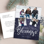 Rustic farmhouse Christmas blessings 3 photos navy Holiday Postcard<br><div class="desc">Family seasonal holiday greetings 3 photo collage postcard on a dark midnight navy blue chalkboard background with falling snow and "Christmas Blessings" white chic calligraphy script.        Easy to personalize with your photos and text on both sides!</div>