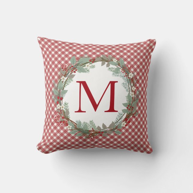 Rustic Farmhouse Christmas Initial Red Gingham Throw Pillow (Front)