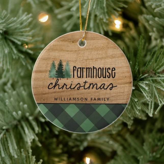 Rustic Farmhouse Christmas Red Plaid Photo  Cerami Ceramic Ornament (Tree)