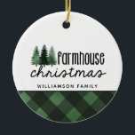 Rustic Farmhouse Christmas Red Plaid Photo  Cerami Ceramic Ornament<br><div class="desc">Rustic Farmhouse Christmas Red Plaid Photo Ceramic Ornament - Unique rustic ornament features hand lettered hand lettered type that reads "farmhouse christmas" with three evergreen pine trees and accented with buffalo plaid. Your favourite photo is featured on the back of the ornament and is personalized with your family name and...</div>