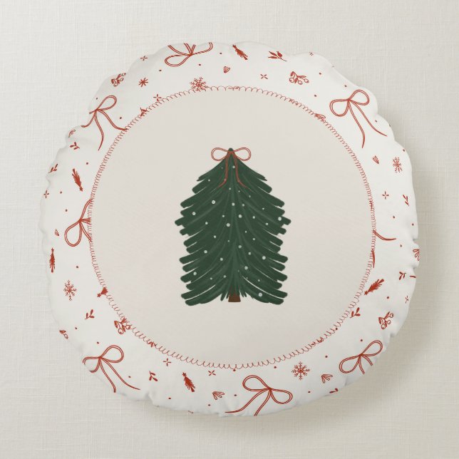 Rustic Farmhouse Christmas Tree Round Pillow (Front)