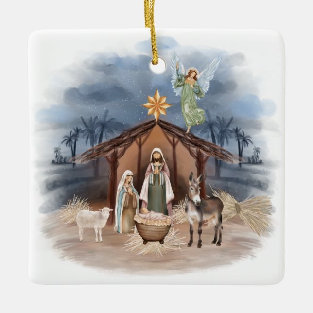 Rustic Farmhouse Christmas Watercolor Nativity Ceramic Ornament (Front)