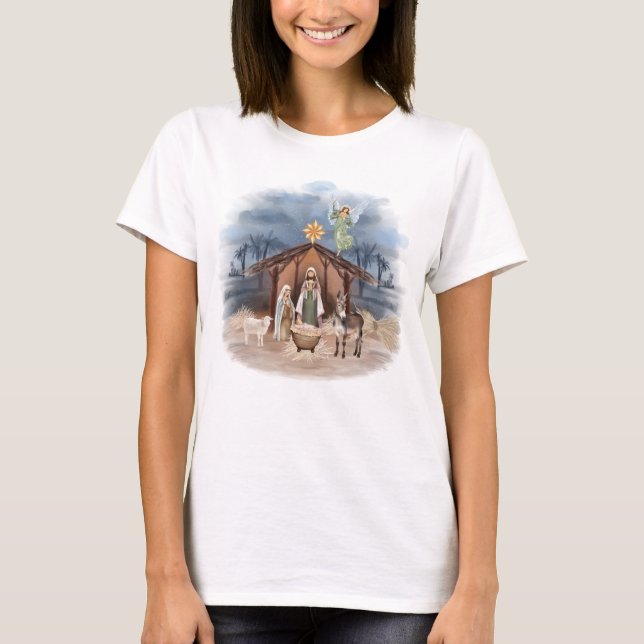 Rustic Farmhouse Christmas Watercolour Nativity T-Shirt (Front)