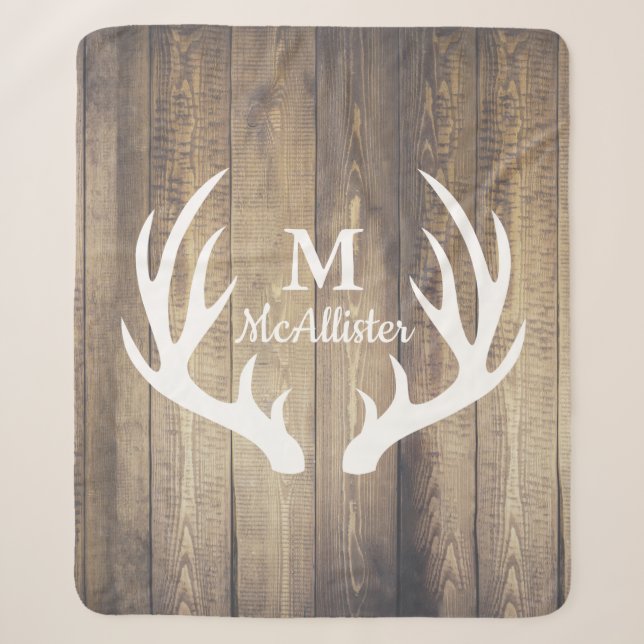 Rustic Farmhouse Country Barn Wood & Deer Antlers Sherpa Blanket (Front)