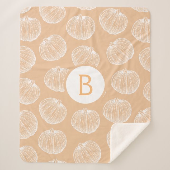 Rustic Farmhouse Country White Pumpkins | Monogram Sherpa Blanket (Front)