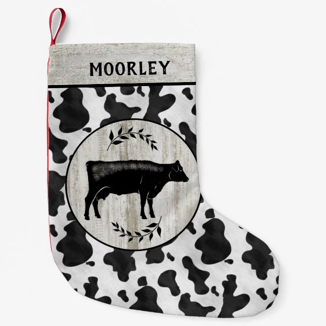Rustic Farmhouse Cow Cowhide Wood Custom Name Small Christmas Stocking (Front)