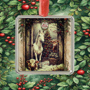 Rustic Farmhouse Cow Horse Country Christmas Rural Metal Ornament