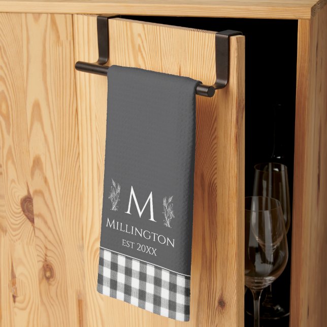 Rustic Farmhouse Custom Monogram Charcoal Grey Kitchen Towel (Thirds Fold)