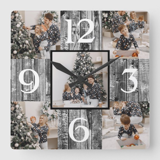 Rustic Farmhouse Custom Photo Collage  Square Wall Clock (Front)