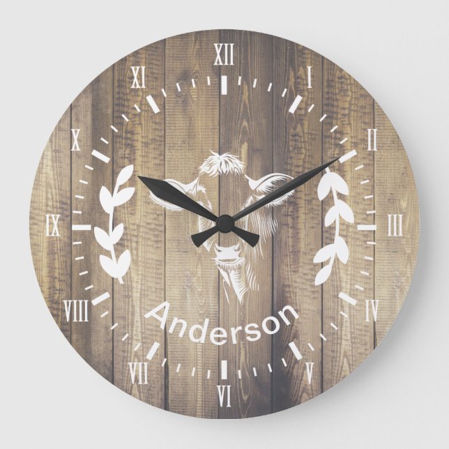 Rustic Farmhouse Dairy Farm Cow & Family Name Large Clock (Front)