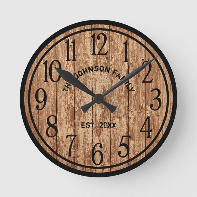 Rustic Farmhouse Dark Wood Famliy Name Round Clock (Front)