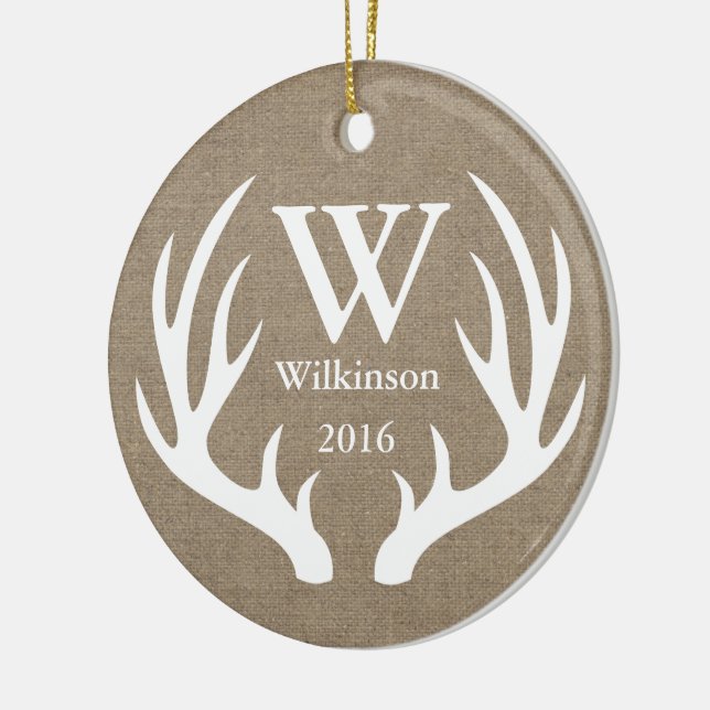 Rustic Farmhouse Deer Antlers Family Name Ceramic Ornament (Left)